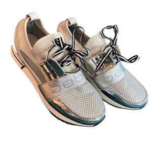 Bebe Silver Metallic Mesh Sneakers with Rhinestone Logo –‎ Women's 8